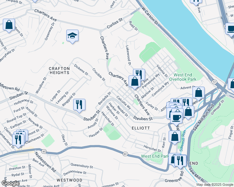 map of restaurants, bars, coffee shops, grocery stores, and more near 1110 Crucible Street in Pittsburgh