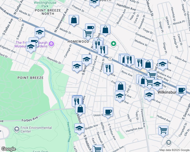 map of restaurants, bars, coffee shops, grocery stores, and more near in Pittsburgh