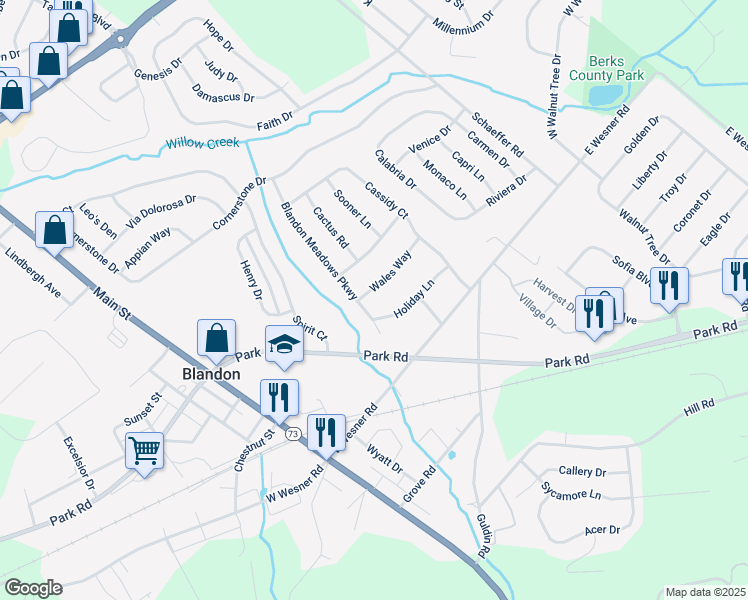 map of restaurants, bars, coffee shops, grocery stores, and more near 221 Wales Way in Blandon