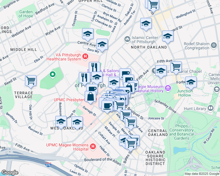 map of restaurants, bars, coffee shops, grocery stores, and more near 3700 O'Hara Street in Pittsburgh