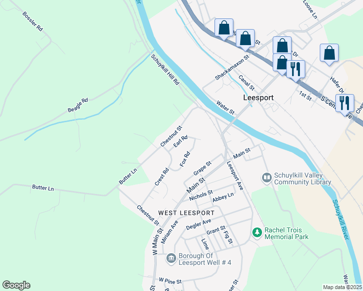 map of restaurants, bars, coffee shops, grocery stores, and more near 1207 Earl Road in Leesport
