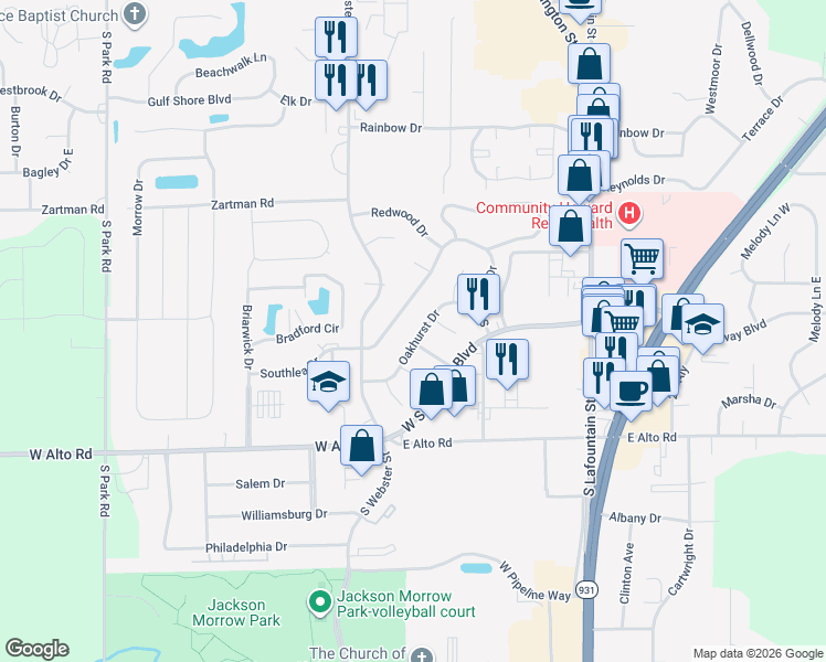 map of restaurants, bars, coffee shops, grocery stores, and more near 307 Southlea Drive in Kokomo