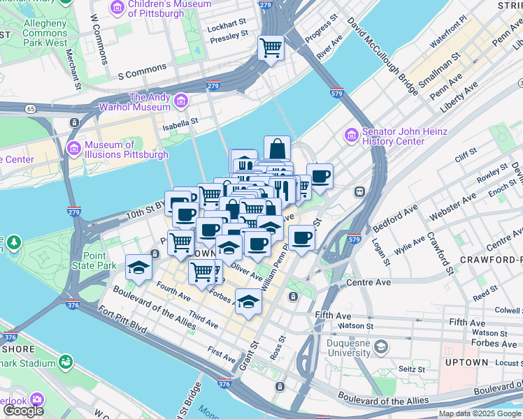 map of restaurants, bars, coffee shops, grocery stores, and more near 919 French Street in Pittsburgh