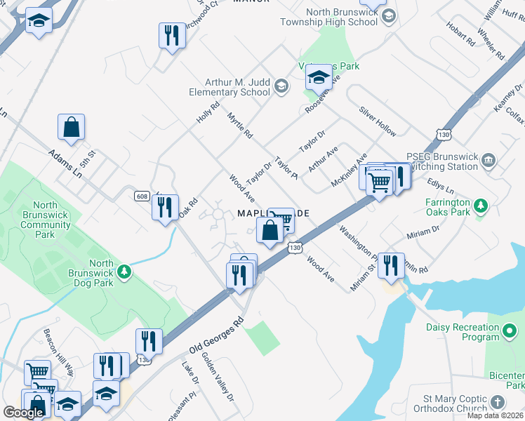 map of restaurants, bars, coffee shops, grocery stores, and more near 507 Wood Avenue in North Brunswick Township