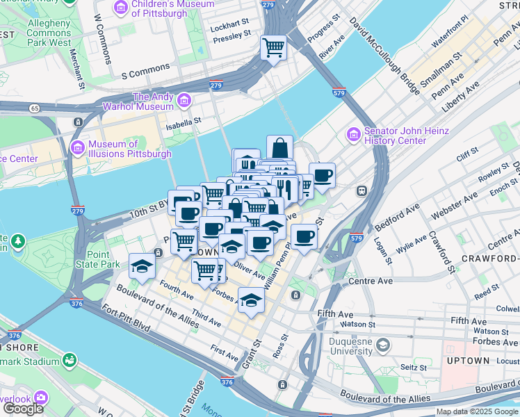 map of restaurants, bars, coffee shops, grocery stores, and more near in Pittsburgh