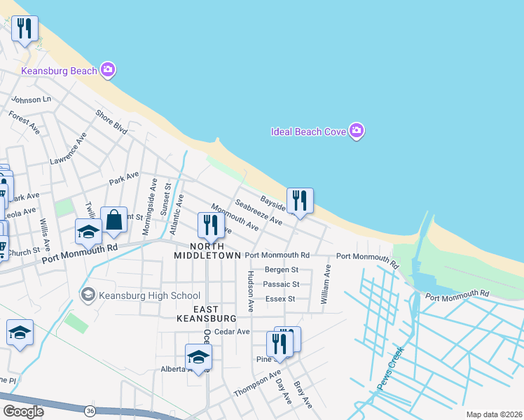 map of restaurants, bars, coffee shops, grocery stores, and more near 17 Bayside Parkway in North Middletown
