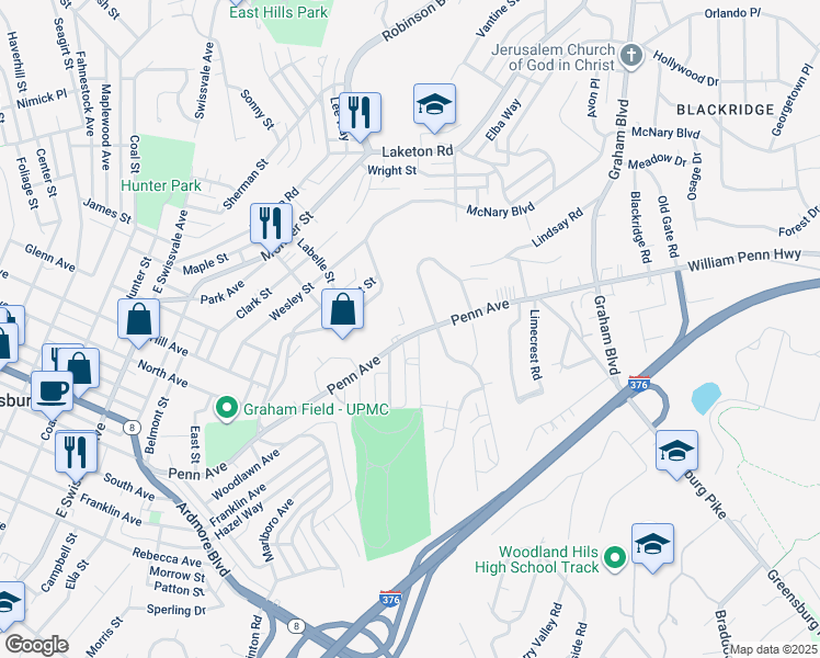 map of restaurants, bars, coffee shops, grocery stores, and more near 1717 Penn Avenue in Pittsburgh