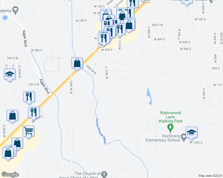 map of restaurants, bars, coffee shops, grocery stores, and more near 775 South 1250 West in Vernal