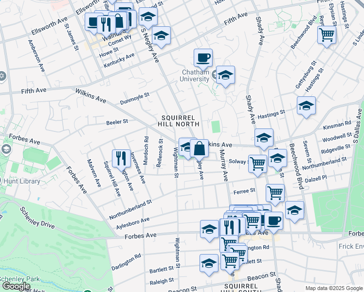 map of restaurants, bars, coffee shops, grocery stores, and more near in Pittsburgh