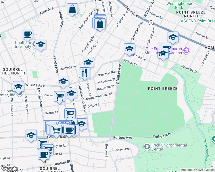 map of restaurants, bars, coffee shops, grocery stores, and more near 6644 Kinsman Road in Pittsburgh