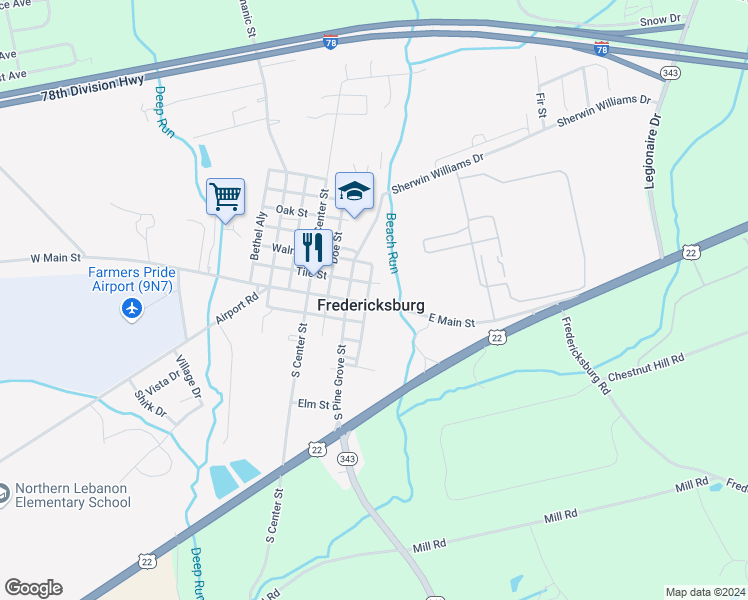 map of restaurants, bars, coffee shops, grocery stores, and more near 141 East Main Street in Fredericksburg