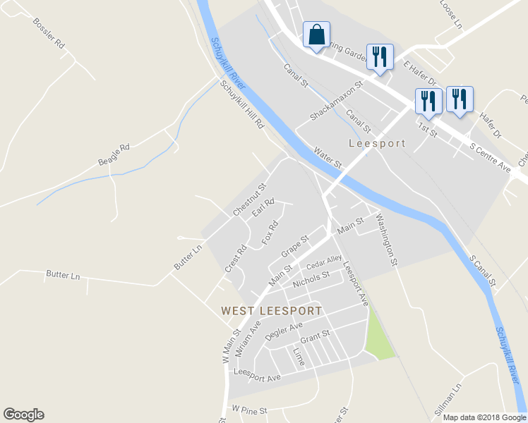 map of restaurants, bars, coffee shops, grocery stores, and more near 1207 Earl Road in Leesport