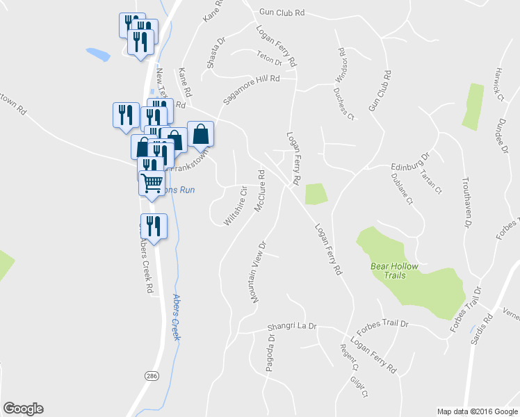 map of restaurants, bars, coffee shops, grocery stores, and more near 1776 McClure Road in Monroeville