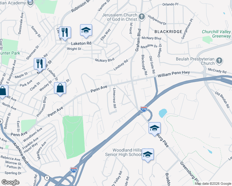 map of restaurants, bars, coffee shops, grocery stores, and more near 2100 William Penn Highway in Pittsburgh