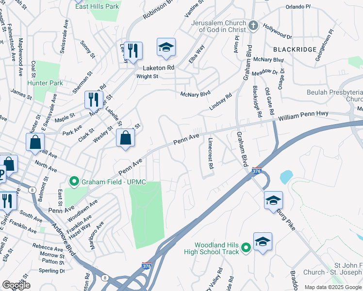 map of restaurants, bars, coffee shops, grocery stores, and more near in Wilkinsburg