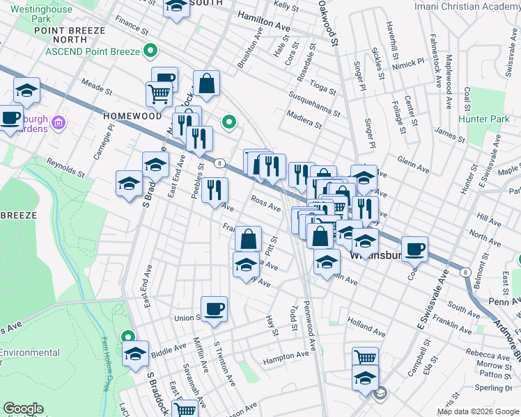 map of restaurants, bars, coffee shops, grocery stores, and more near 903 West Street in Pittsburgh