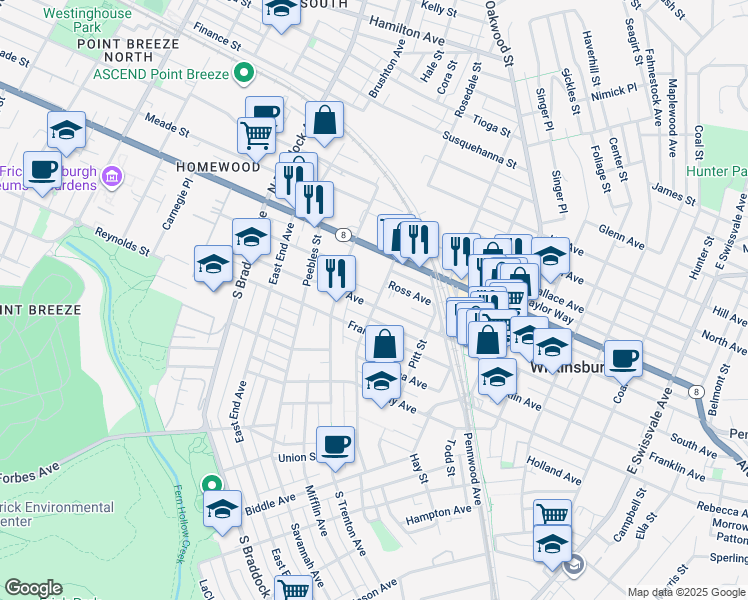 map of restaurants, bars, coffee shops, grocery stores, and more near 903 West Street in Pittsburgh