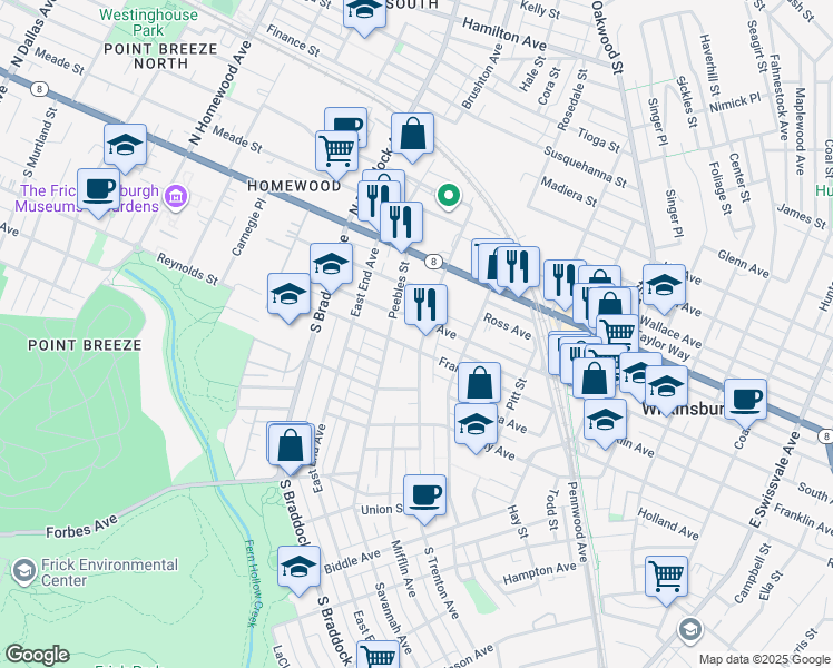map of restaurants, bars, coffee shops, grocery stores, and more near 303 Peebles Street in Pittsburgh