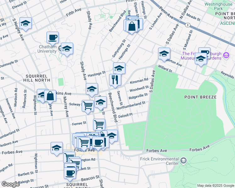 map of restaurants, bars, coffee shops, grocery stores, and more near 6518 Wilkins Avenue in Pittsburgh