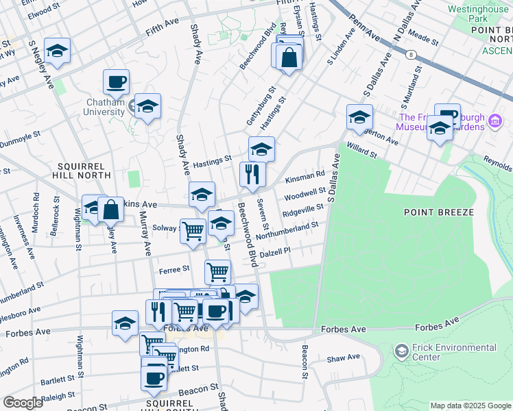 map of restaurants, bars, coffee shops, grocery stores, and more near 6518 Wilkins Avenue in Pittsburgh