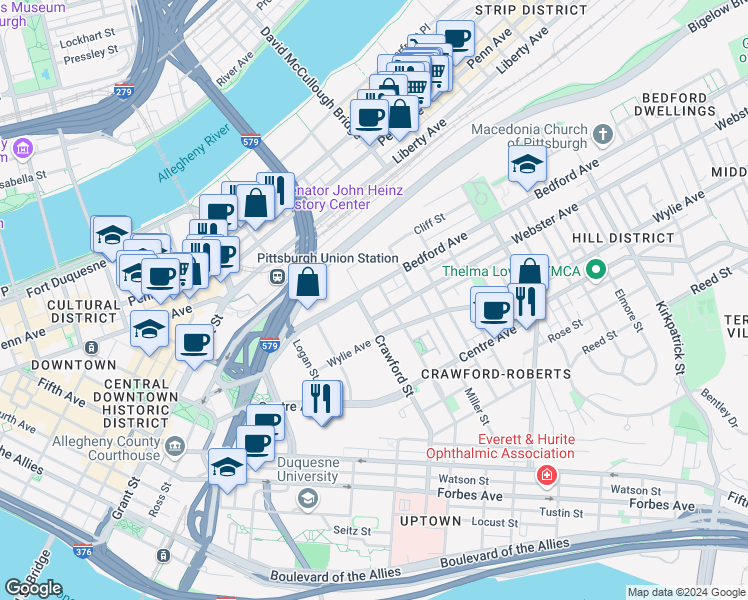 map of restaurants, bars, coffee shops, grocery stores, and more near 1521 Bedford Avenue in Pittsburgh