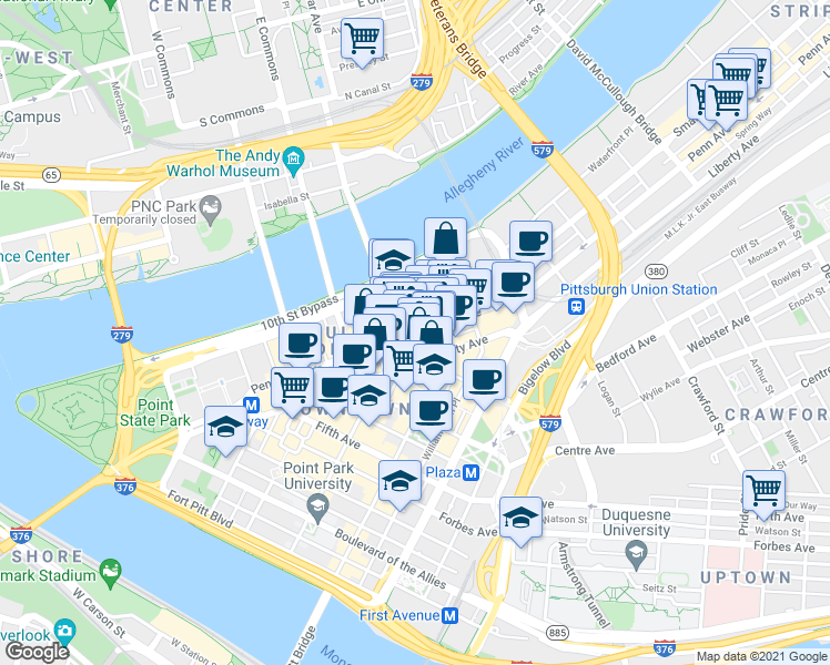 map of restaurants, bars, coffee shops, grocery stores, and more near in Pittsburgh
