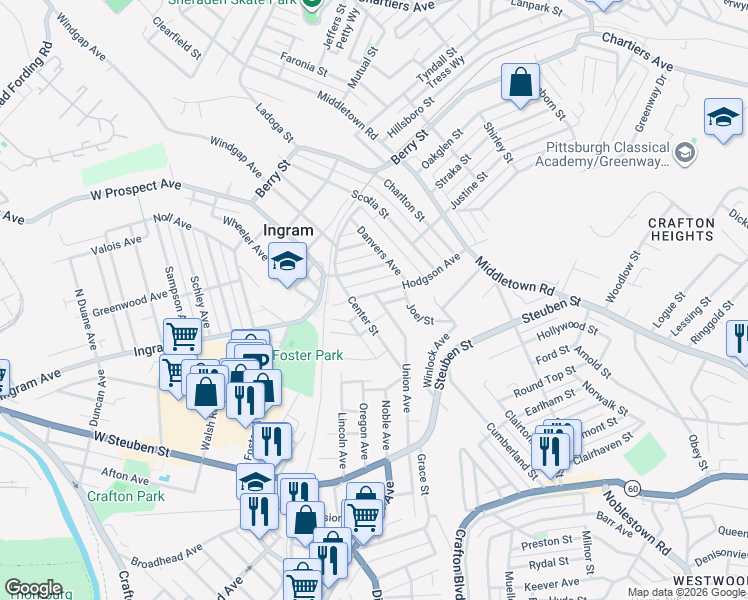 map of restaurants, bars, coffee shops, grocery stores, and more near 19 Hodgson Avenue in Pittsburgh