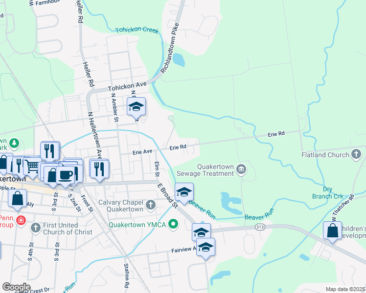 map of restaurants, bars, coffee shops, grocery stores, and more near 554 Erie Road in Quakertown