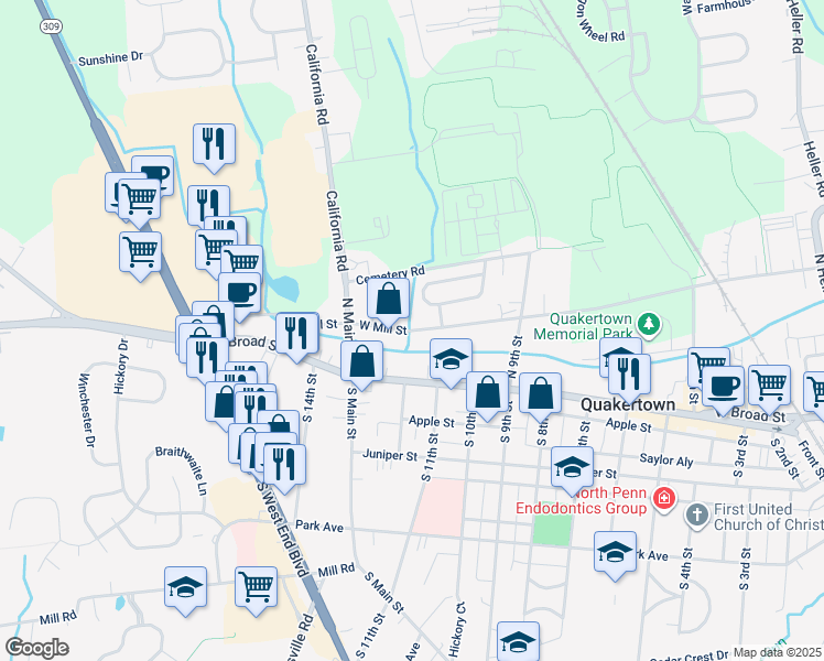 map of restaurants, bars, coffee shops, grocery stores, and more near 2710 Woodcock Lane in Quakertown