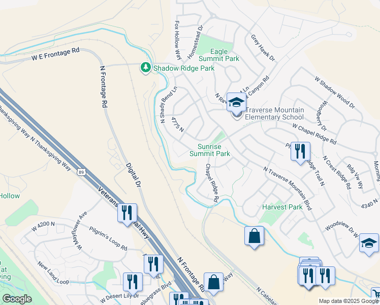 map of restaurants, bars, coffee shops, grocery stores, and more near 2805 West Shady Bend Lane in Lehi
