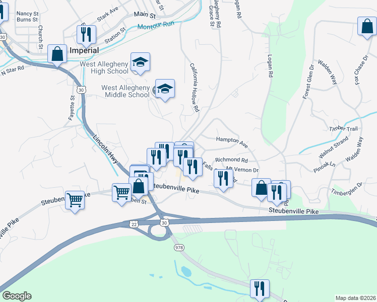 map of restaurants, bars, coffee shops, grocery stores, and more near 38 Alexandria Drive in Imperial