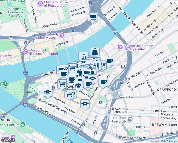 map of restaurants, bars, coffee shops, grocery stores, and more near 915 Penn Avenue in Pittsburgh