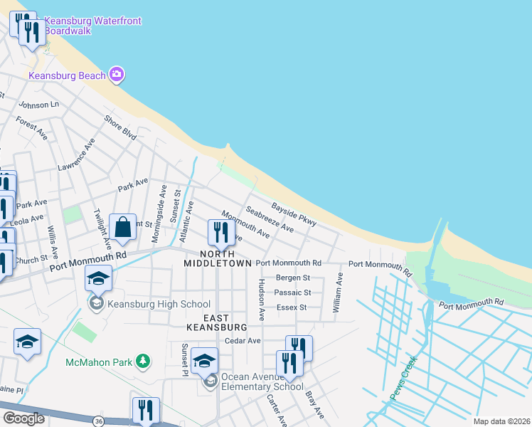 map of restaurants, bars, coffee shops, grocery stores, and more near 17 Bayside Parkway in North Middletown