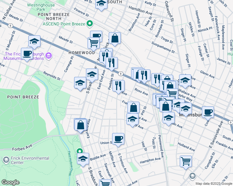 map of restaurants, bars, coffee shops, grocery stores, and more near 303 Peebles Street in Pittsburgh