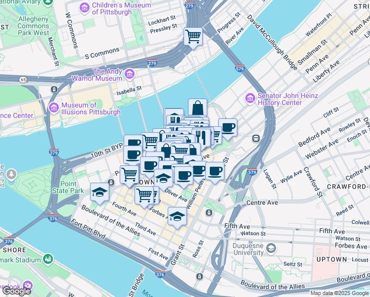 map of restaurants, bars, coffee shops, grocery stores, and more near in Pittsburgh