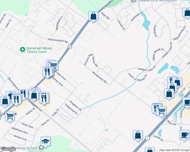 map of restaurants, bars, coffee shops, grocery stores, and more near 24 Woodmere Road in North Brunswick Township