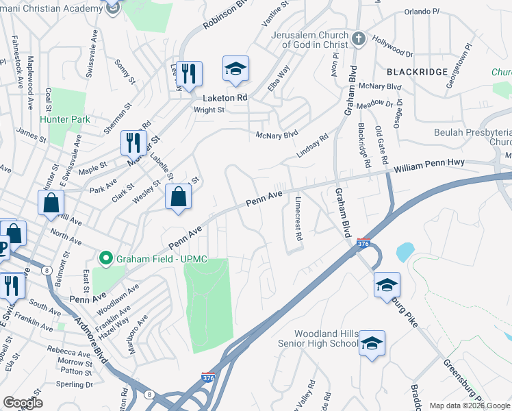 map of restaurants, bars, coffee shops, grocery stores, and more near in Wilkinsburg