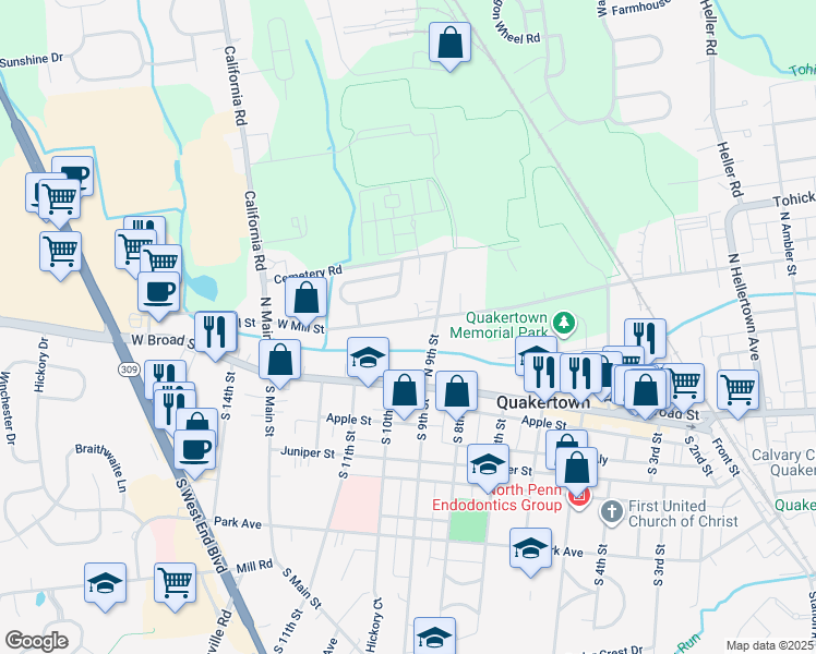 map of restaurants, bars, coffee shops, grocery stores, and more near 932 West Mill Street in Quakertown