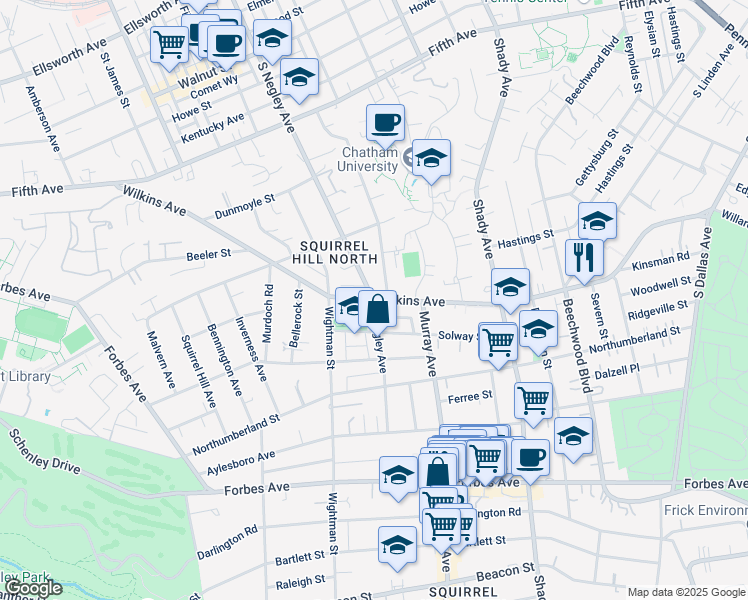 map of restaurants, bars, coffee shops, grocery stores, and more near South Negley Avenue & Wilkins Avenue in Pittsburgh