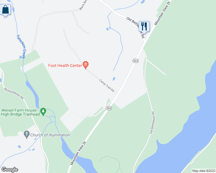 map of restaurants, bars, coffee shops, grocery stores, and more near 981 Camp Trail Road in Quakertown
