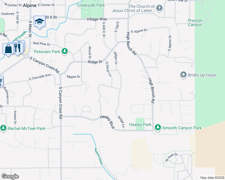 map of restaurants, bars, coffee shops, grocery stores, and more near 598 South Silver Lane in Alpine