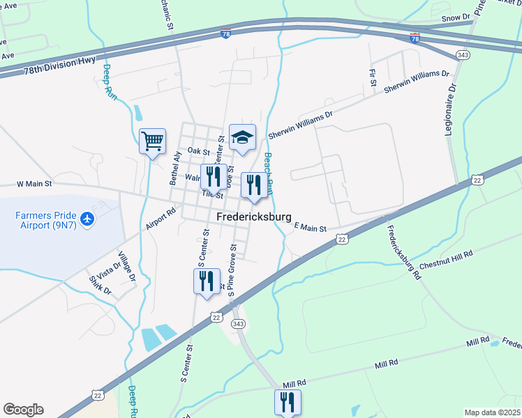 map of restaurants, bars, coffee shops, grocery stores, and more near 141 East Main Street in Fredericksburg