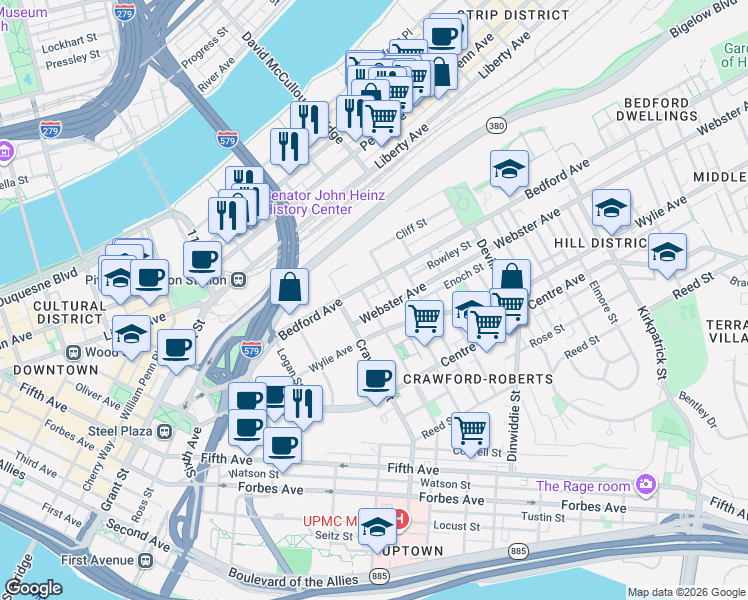map of restaurants, bars, coffee shops, grocery stores, and more near 40 Manilla Street in Pittsburgh