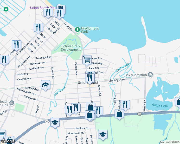 map of restaurants, bars, coffee shops, grocery stores, and more near 703 Central Avenue in Union Beach