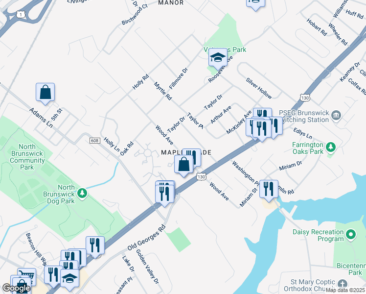 map of restaurants, bars, coffee shops, grocery stores, and more near 470 Calvert Road in North Brunswick Township