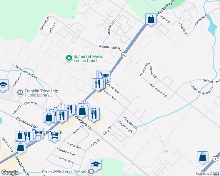 map of restaurants, bars, coffee shops, grocery stores, and more near 2720 Evelyn Avenue in North Brunswick Township