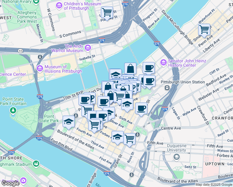 map of restaurants, bars, coffee shops, grocery stores, and more near 9th Street in Pittsburgh