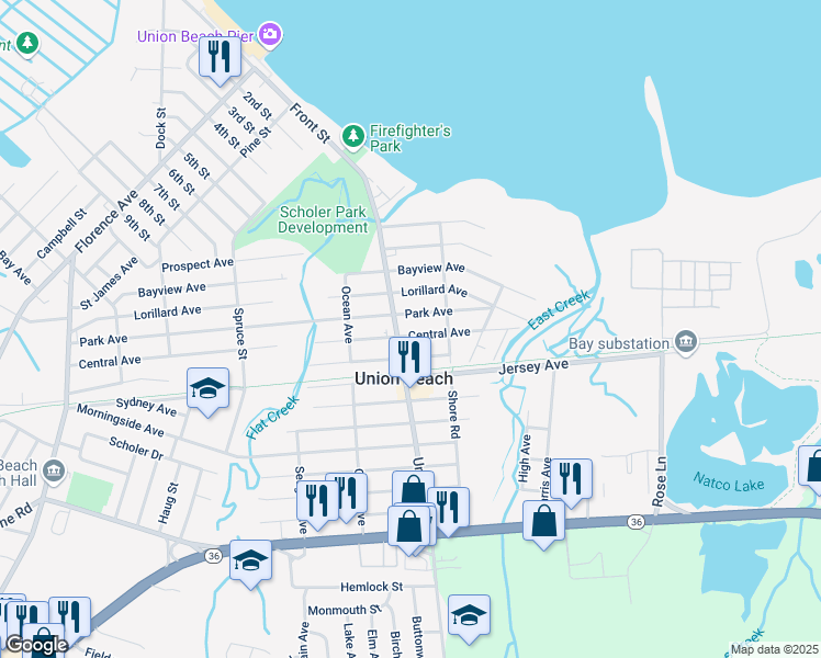 map of restaurants, bars, coffee shops, grocery stores, and more near 703 Central Avenue in Union Beach