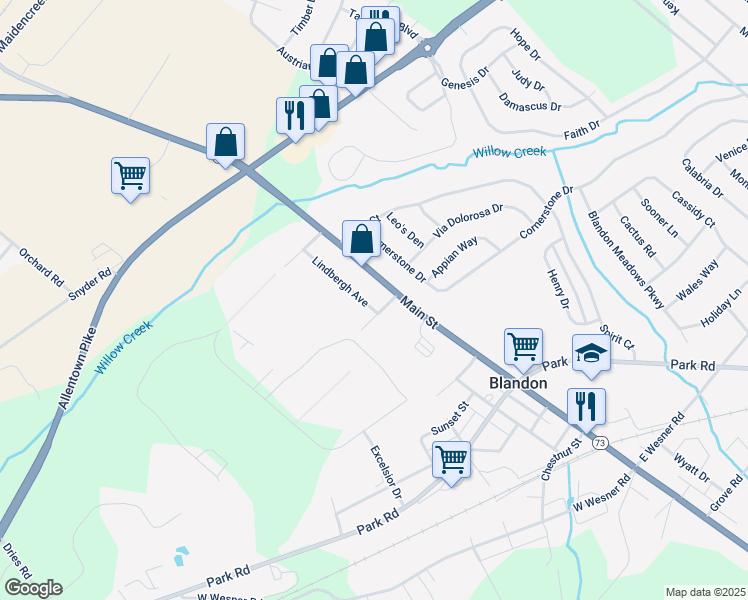 map of restaurants, bars, coffee shops, grocery stores, and more near 148 Main Street in Blandon