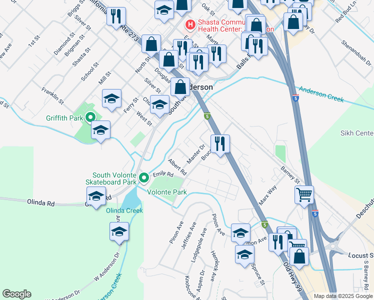 map of restaurants, bars, coffee shops, grocery stores, and more near in Anderson
